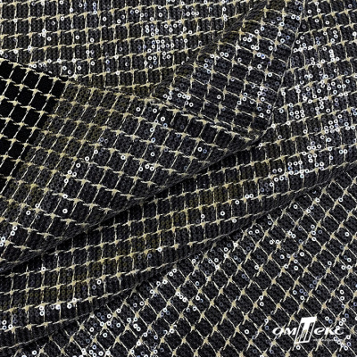 Ткань костюмная с пайетками, 100%полиэстр, 460+/-10 гр/м2, 150см #309 - цв. чёрный - купить в Новокузнецке. Цена 1 203.93 руб.